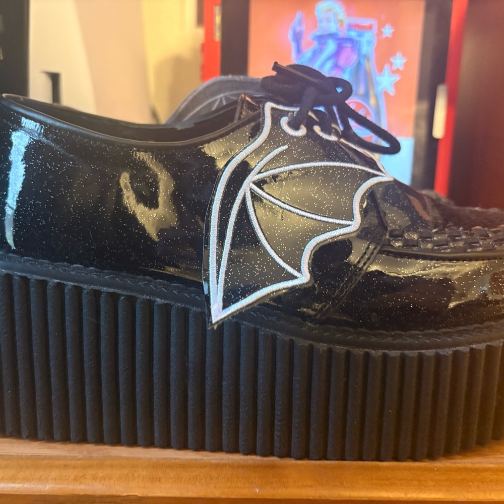 Demonia Black Patent Platform Creeper Shoes with White Bat Wing Accent